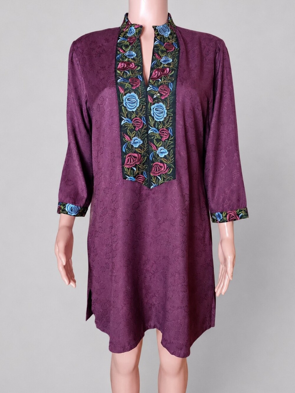 April Cornell Plum Woven Jacquard Tunic with Embroidered Floral Trim M